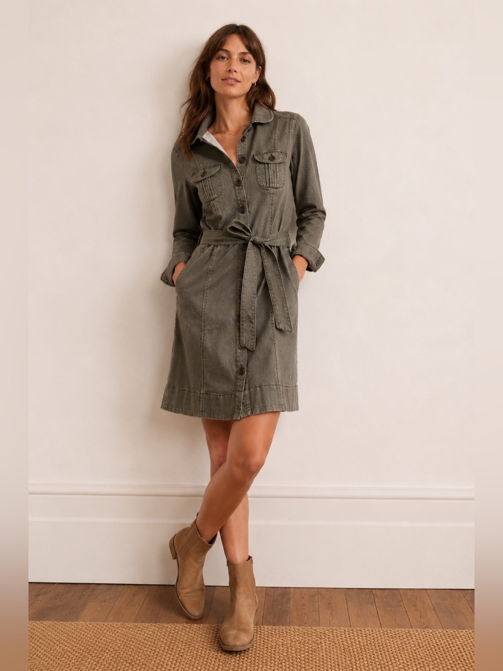 Boden Belted Cotton Shirt Dress | Safari Chic Utility Dress Size 14